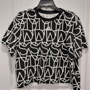 adidas Black and White Allover Logo Crop Tee - Women Sz L #0609